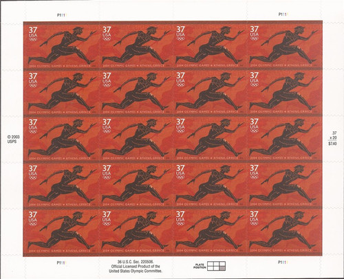 US Stamp - 2004 Athens Olympics - 20 Stamp Sheet - Scott #3863