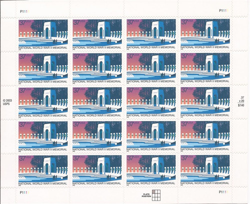 US Stamps - 2004 Nationall WWII Memorial - 20 Stamp Sheet #3862