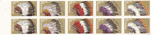 US Stamp - 1990 Indian Headdresses - Booklet Pane of 10 Stamps #2505a