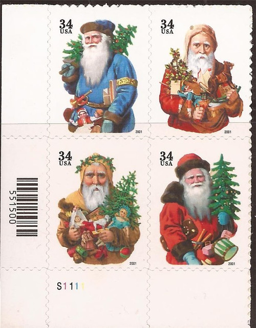 US Stamp 2001 Christmas Santas Plate Block of 4 Stamps #3537-40 