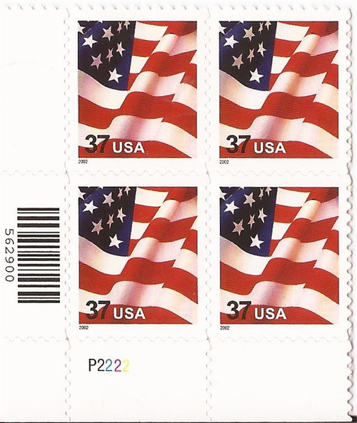 US Stamp - 2002 Wavy American Flag - Plate Block of 4 Stamps #3630
