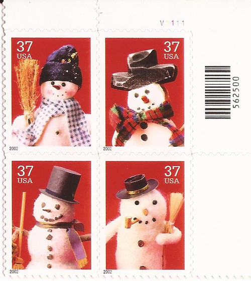 US Stamp 2002 Christmas Snowmen Block or Strip of 4 Stamps #3676-9
