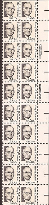 US Stamp - 1984 20c Harry Truman - Plate Block of 20 Stamps #1862
