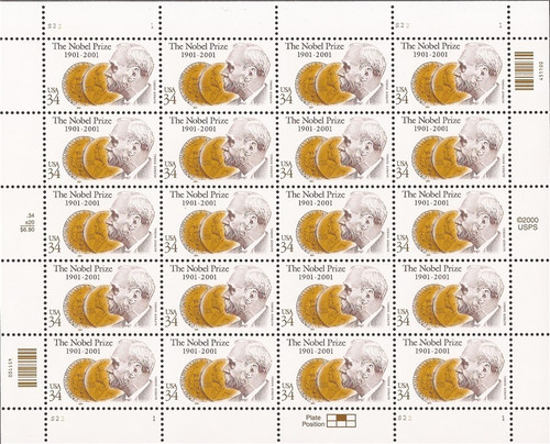 US Stamp - 2001 Nobel Prize Centenary - 20 Stamp Sheet - Scott #3504