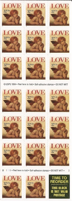 US Stamp - 1996 Love Cherub - Booklet Pane of 20 Stamps - Scott #3030