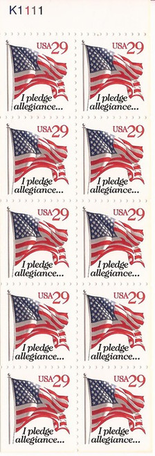 US Stamp - 1993 Pledge Allegiance Flag - 10 Stamp Booklet Pane #2594a