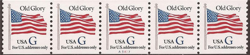 US Stamp - 1994 (32c) G Rate Flag Blue G-Plate Strip of 5 Stamps #2890