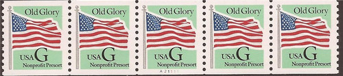 US Stamp - 1995 (32c) G Rate Flag Green G-Plate Strip of 5 Stamps #2893 