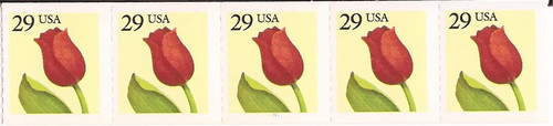 US Stamp - 1991 29c Tulip Coil - Plate Strip of 5 Stamps - Scott #2525 