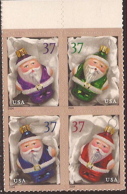 US Stamp 2004 Christmas Santa Ornament 4 Stamp Block or Strip #3883-6 