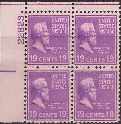 US Stamp 1938 19c Rutherford B. Hayes 4 Stamp Plate Block F/VF MNH #824