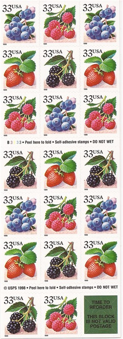 US Stamp - 1999 Berries - Booklet Pane of 20 Stamps - Scott #3297b
