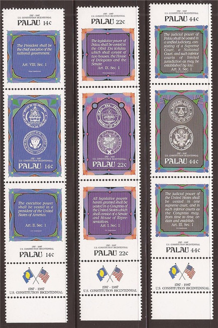 Palau - 1987 US Constitution Bicentennial - Set of 3 Triptychs #155-63