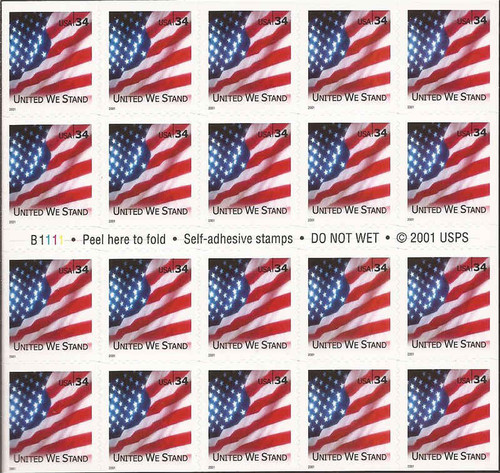 US Stamp 2001 United We Stand & Flag Booklet Pane of 20 Stamps #3549a