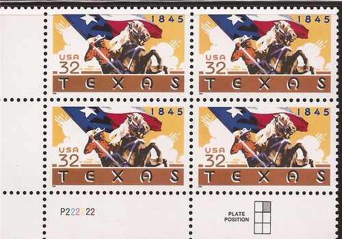 US Stamp - 1995 Texas Statehood - Plate Block of 4 Stamps #2968 