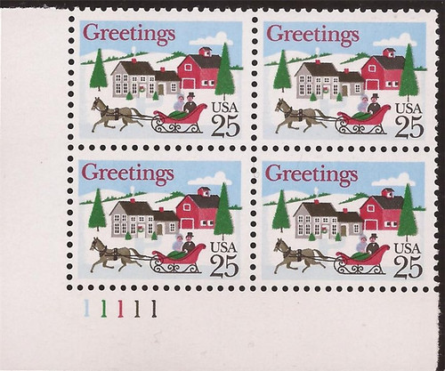 US Stamp - 1988 Christmas Open Sleigh - Plate Block of 4 Stamps #2400 
