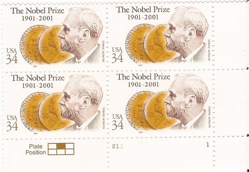 US Stamp - 2001 Nobel Prize Centenary - Plate Block of 4 Stamps #3504 