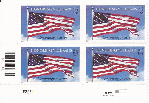 US Stamp - 2001 Honoring Veterans - Plate Block of 4 Stamps #3508 