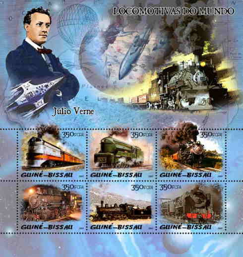Guinea-Bissau - Trains & Jules Verne On Stamps - 6 Stamp Sheet GB5201a