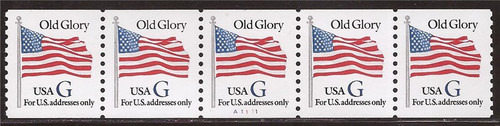 US Stamp 1994 32c G Rate Flag Coil Blue G #2890 5 Stamp Strip Pl #1111