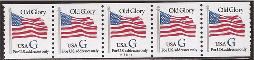 US Stamp 1994 32c G Rate Flag Coil Blue G #2890 5 Stamp Strip Pl #3314