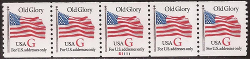 US Stamp 1994 32c G Rate Flag Coil Red G #2891 5 Stamp Strip Pl #1111