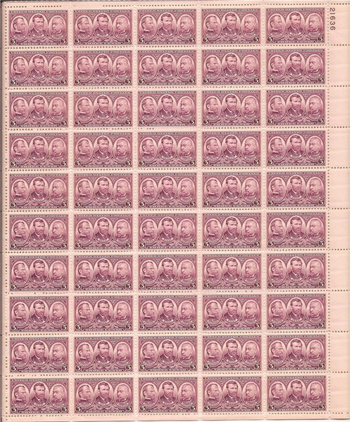 US Stamp 1937 3c Army, Sherman, Grant 50 Stamp Sheet NH Scott #787