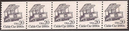 US Stamp - 1988 20c Cable Car - 5 Stamp Plate Strip - Scott #2263