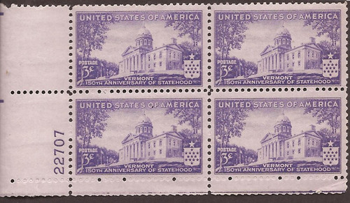 US Stamp - 1941 Vermont Statehood - 4 Stamp Plate Block - Scott #903