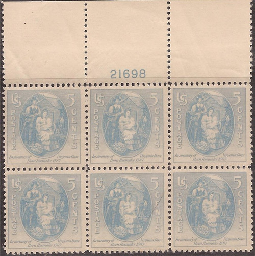 US Stamp - 1937 Virginia Dare - Plate Block of 6 Stamps NH  #796