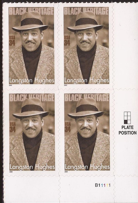 US Stamp - 2002 Black Heritage Langston Hughes - 4 Stamp Plate Blk #3557