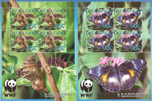 Aitutaki - 2002 WWF Blue Moon Butterfly-Set of 4 4 Stamp Sheets-1M-014