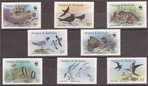 Withdrew 02/17/19-Antigua - 1987 WWF Birds & Fish - 8 Stamp Set - Scott #1005-12