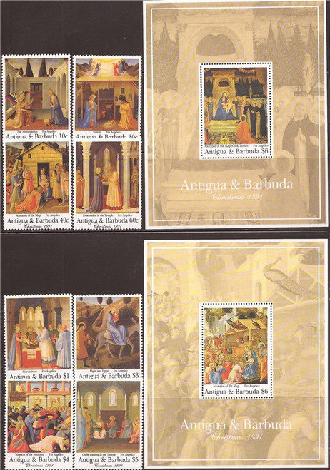 Antigua - 1991 Christmas Paintings - 8 Stamp Set + 2 S/S #1503-12