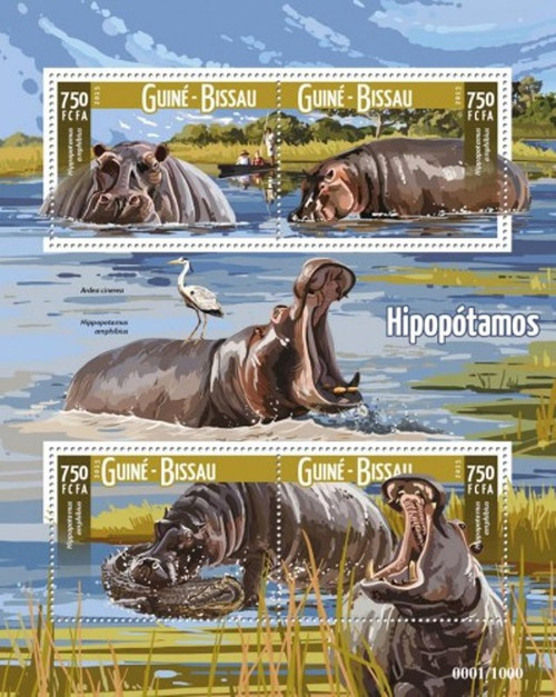 Withdrew 03-10-19-Guinea-Bissau - 2015 Hippopotamus - 4 Stamp Sheet - GB15712a