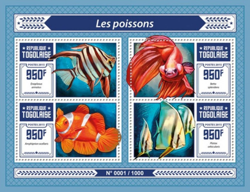 Togo 2015 Fish on Stamps 4 Stamp Sheet Michel #7099-102 TG15609a