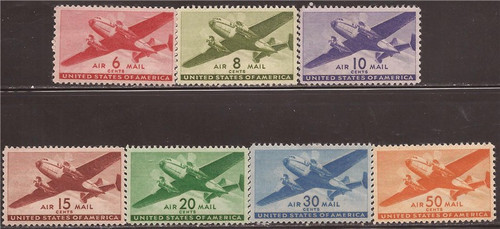 US Stamps - 1941-4 Twin-Motored Transport Plane - 7 Stamp Set #C25-31