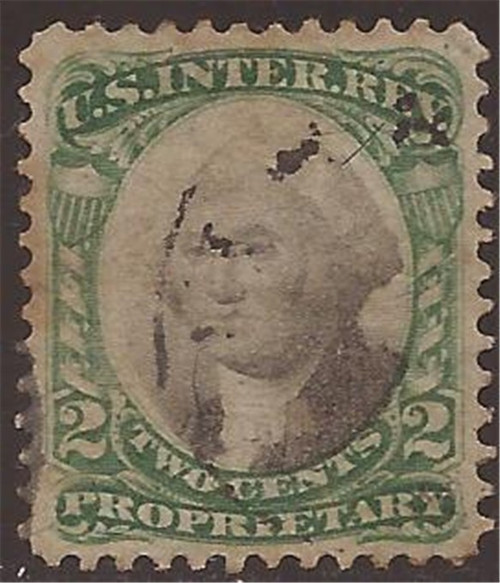US Stamp - 1874 2c Proprietary Rev. Stamp on Green Paper - #RB2b