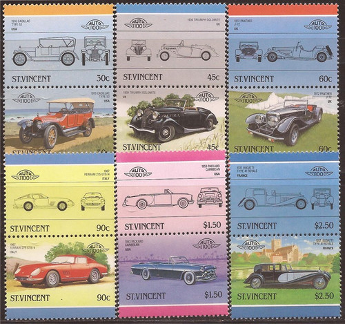 St Vincent - 1986 Cars - Set of 6 Stamp Pairs MNH - Scott #906-11