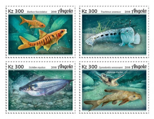Angola 2019 Fish on Stamps  4 Stamp Set ANG18103a