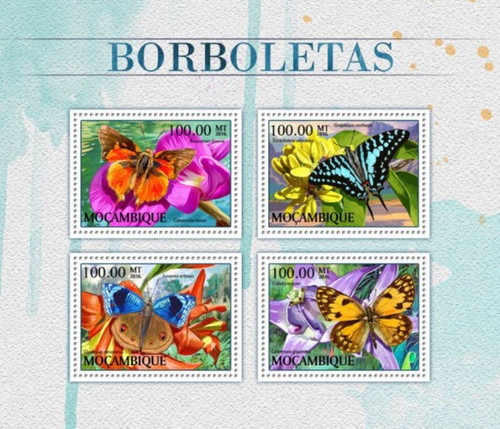 Mozambique - 2016 Butterflies & Flowers - 4 Stamp Sheet - MOZ16514a