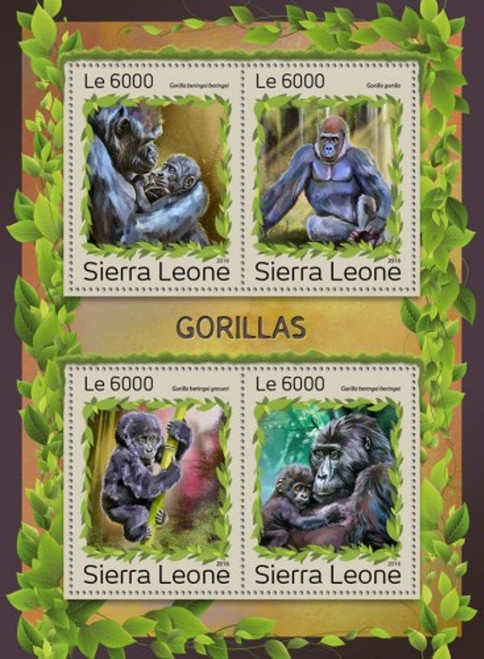 Sierra Leone - 2016 Gorillas - 4 Stamp Sheet - SRL161218a