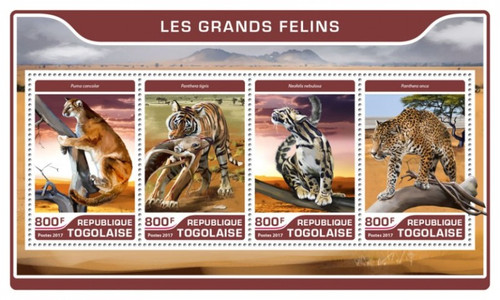 Togo - 2017 Big Cats on Stamps - 4 Stamp Sheet - TG17211a