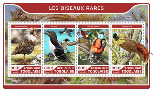 Togo - 2017 Rare Birds on Stamps - 4 Stamp Sheet - TG17223a