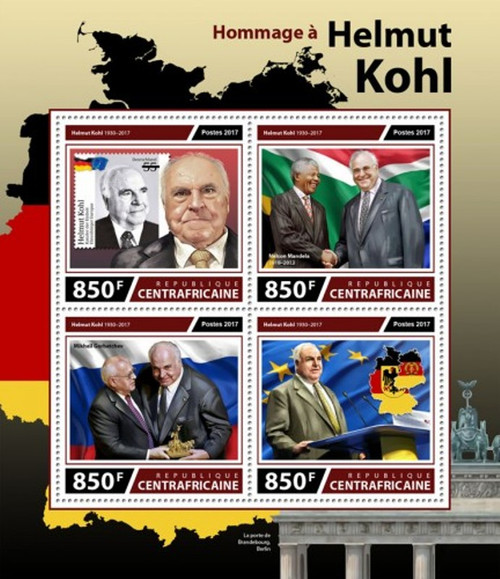 Central Africa - 2017 Helmut Kohl - 4 Stamp Sheet - CA17614a Central Africa - 2017 Helmut Kohl - 4 Stamp Sheet - CA17614a