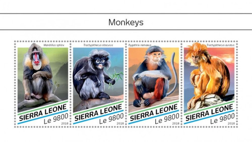 Sierra Leone - 2018 Monkeys on Stamps - 5 Stamp Sheet - SRL18516a