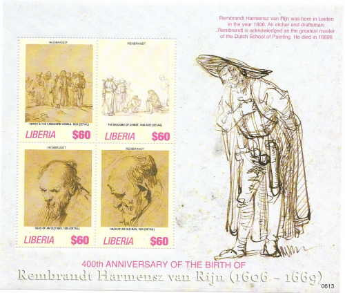 Liberia - Rembrandt on Stamps - 4 Stamp Mint Sheet LIB0613