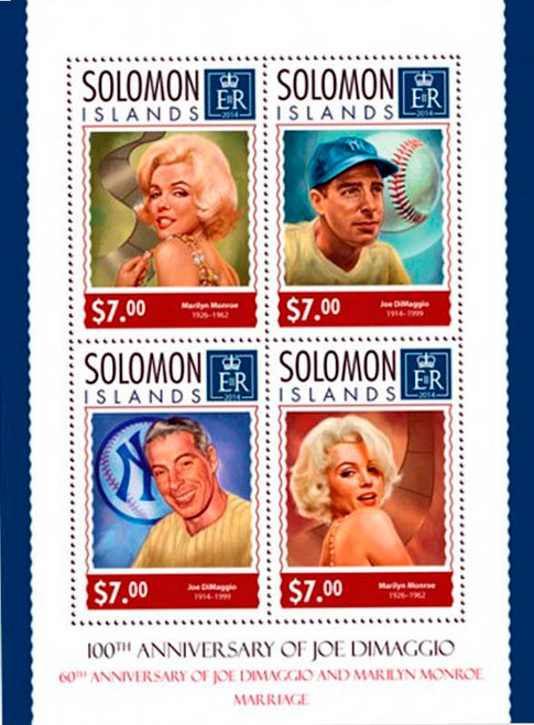 Solomon Islands 2014 DiMaggio and Monroe Tribute 4 Stamp Sheet 19M-437