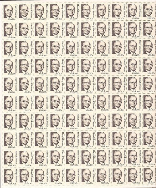 US Stamp - 1984 20c Harry S Truman - 100 Stamp Sheet - Scott #1862