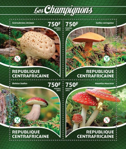 Withdrew 02-28-19-Central Africa - 2015 Mushrooms on Stamps - 4 Stamp Sheet - 3H-885